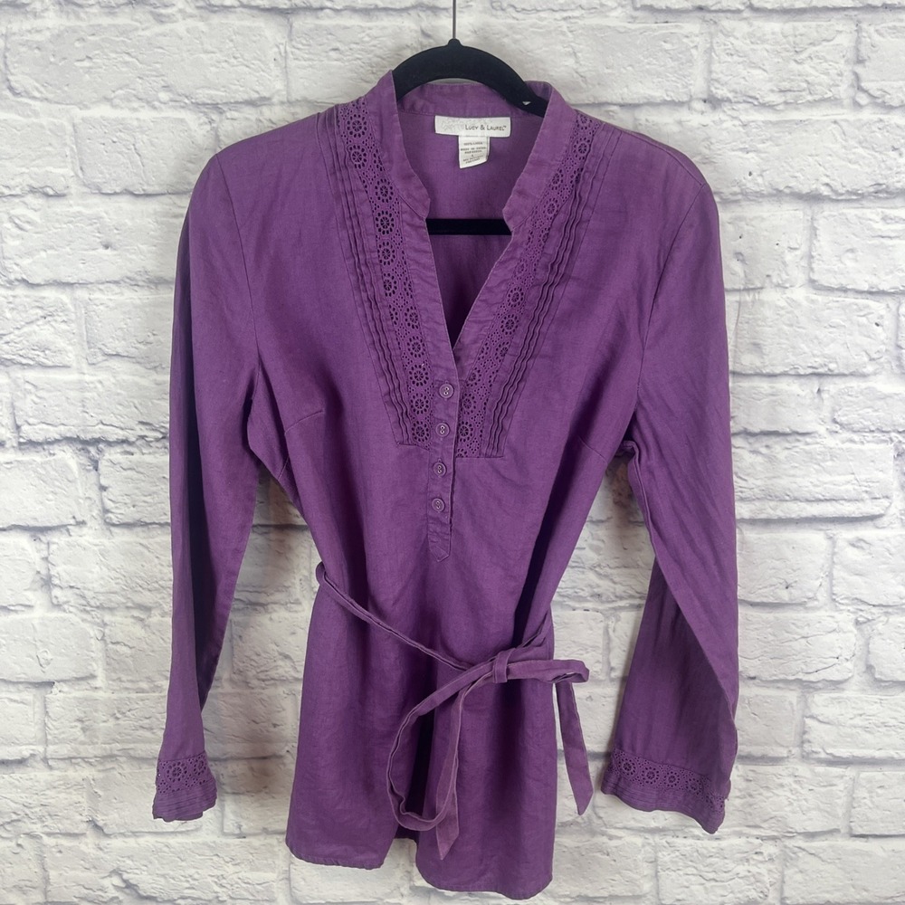 Sold Lucy & Laurel 100% Linen Cottage Core Purple Boho Belted Blouse